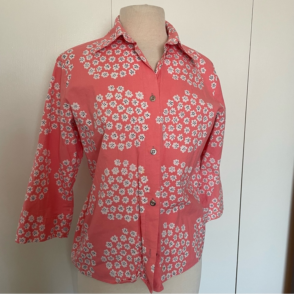 Marimekko Floral Button-Up Top in Coral Pink and White size M - Picture 2 of 12